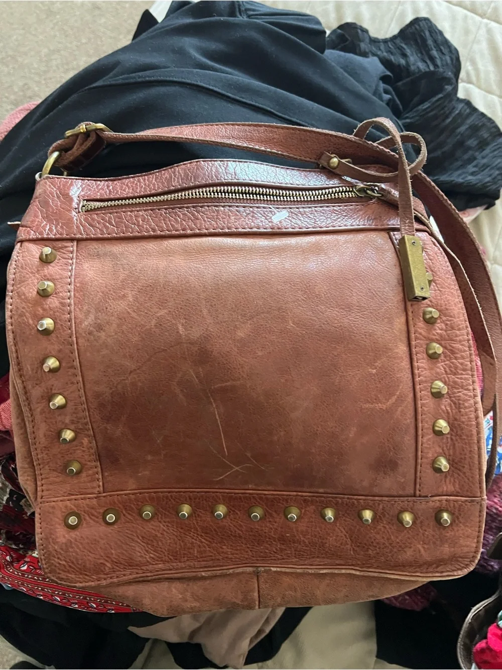 Lucky Brand Brown Leather Studded Crossbody Shoulder Bag Boho